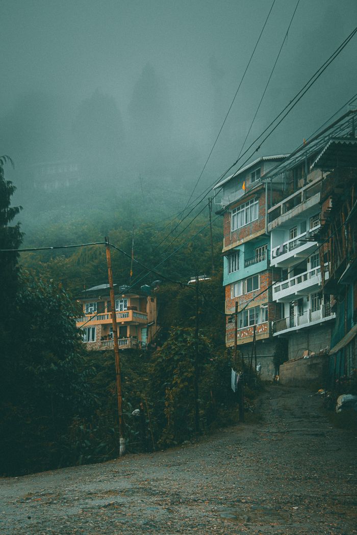Misty village street with homes and trees in a serene mountain setting at dawn.